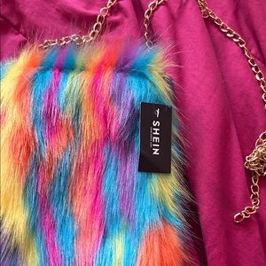 SHEIN Multicolor Faux Fur Bag with Gold Chain